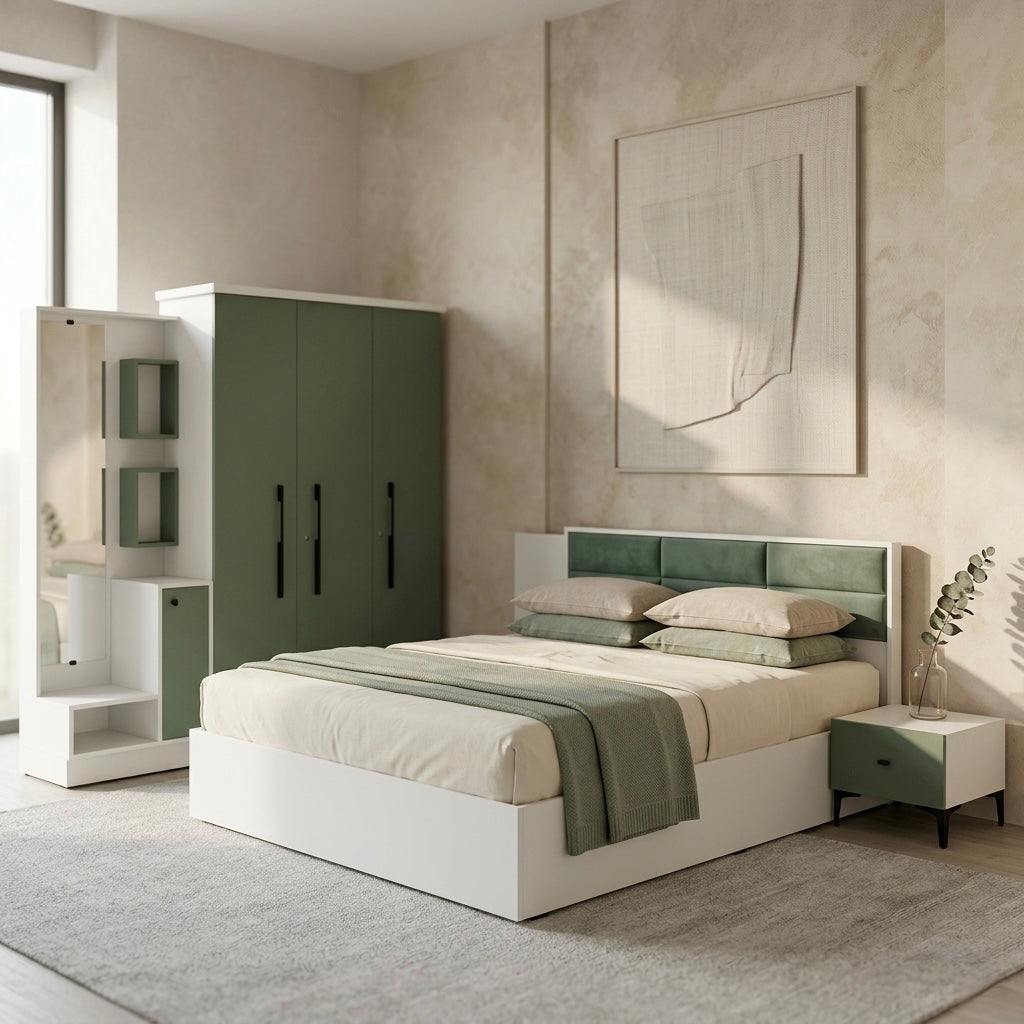 MAKWA 3-DOOR QUEEN SIZE BEDROOM SET | PARTICLE BOARD | OLIVE GREEN & WHITE