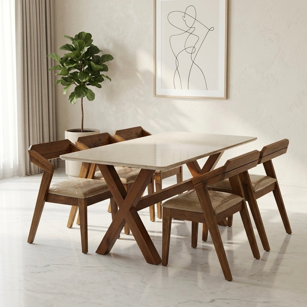CHINX 6-SEATER DINING SET | ACACIA WOOD CHAIRS AND TREATED MAHAGONY WOOD TABLE  & CERAMIC TOP | 5x3 FT