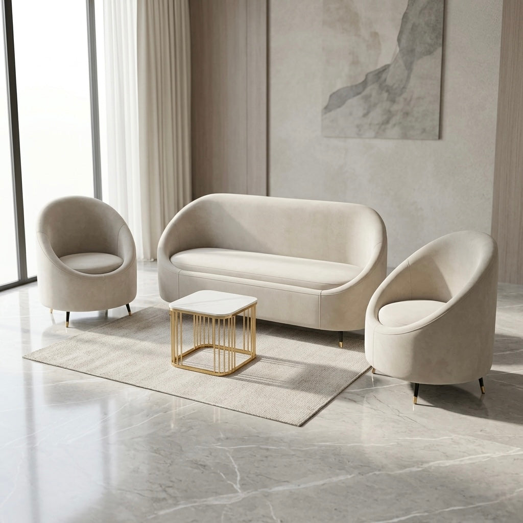 ENIYON 3+1+1 ARM CHAIR SET | VELVET FABRIC & ACACIA WOOD | WHITE