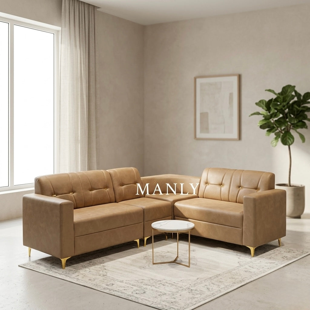TITAN NEW CORNER SOFA SET | SUEDE FABRIC & ACACIA WOOD | DARK BEIGE