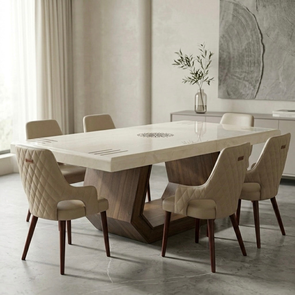 NIYEX 8-SEATER DINING SET | MAHOGANY & ONYX TOP | 8 CHAIRS | 7×3.5 FT
