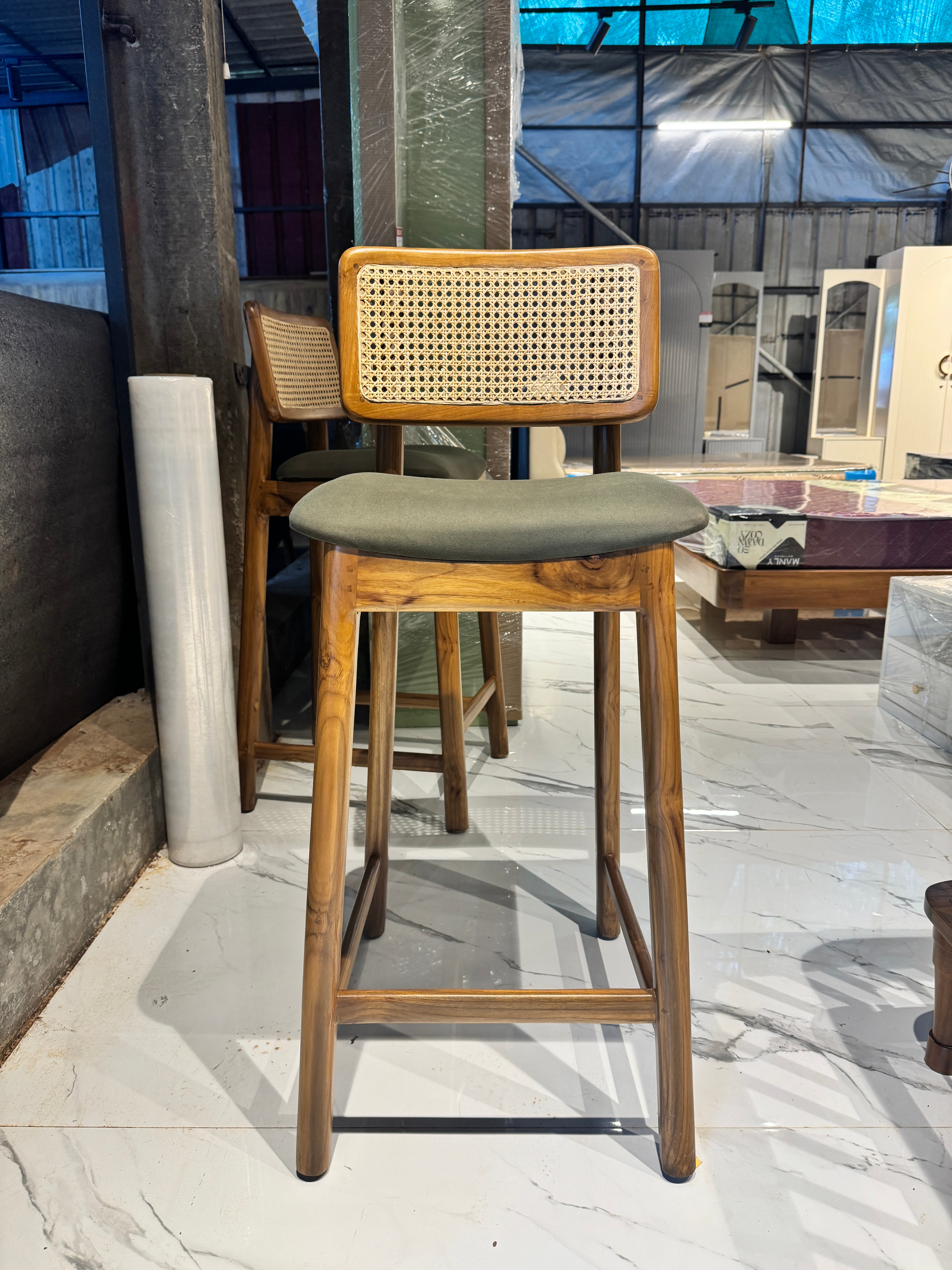 LINEAR STOOL CHAIR | TEAK WOOD & NATURAL CANE | FABRIC CUSHION
