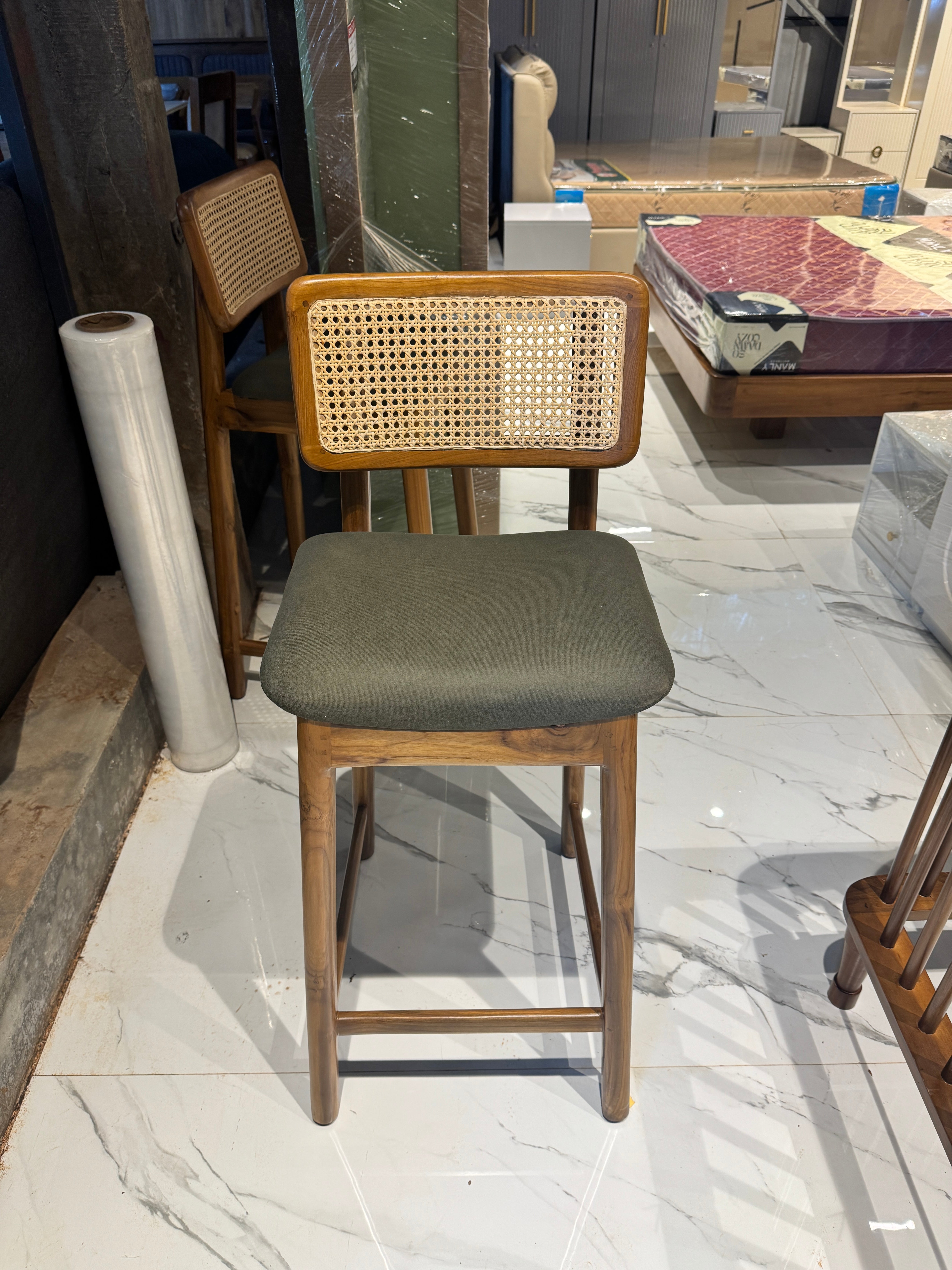 LINEAR STOOL CHAIR | TEAK WOOD & NATURAL CANE | FABRIC CUSHION