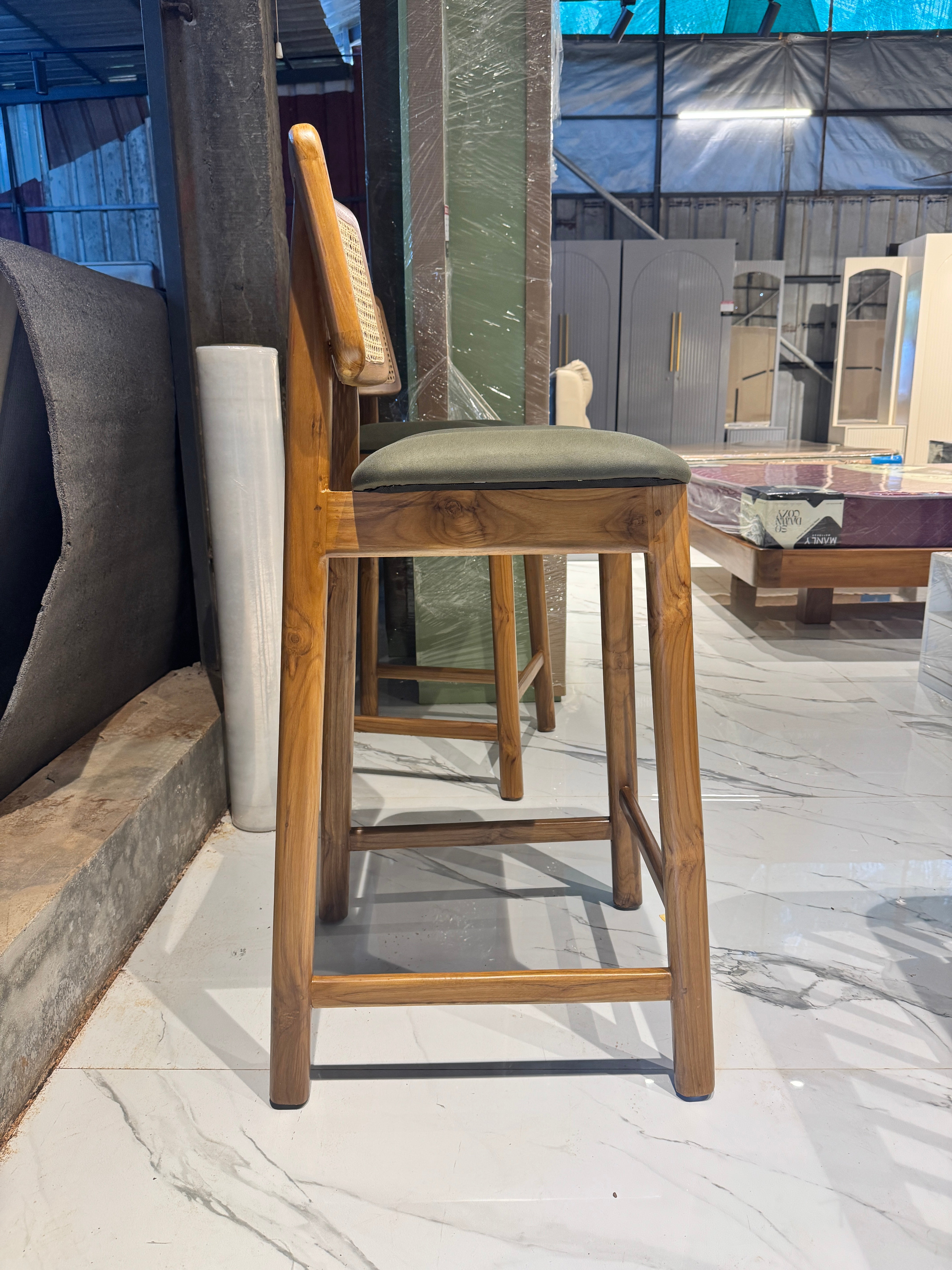 LINEAR STOOL CHAIR | TEAK WOOD & NATURAL CANE | FABRIC CUSHION