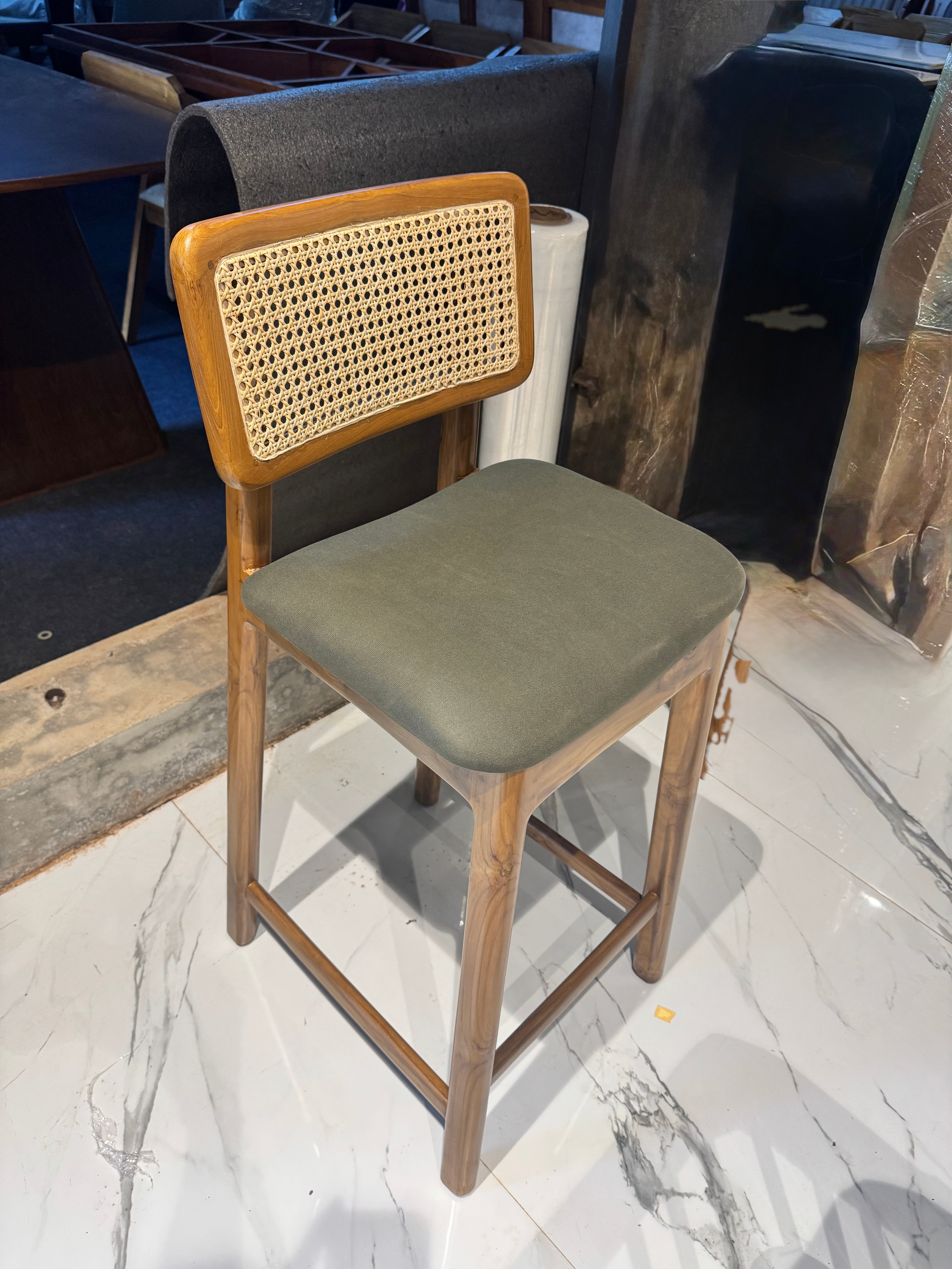 LINEAR STOOL CHAIR | TEAK WOOD & NATURAL CANE | FABRIC CUSHION