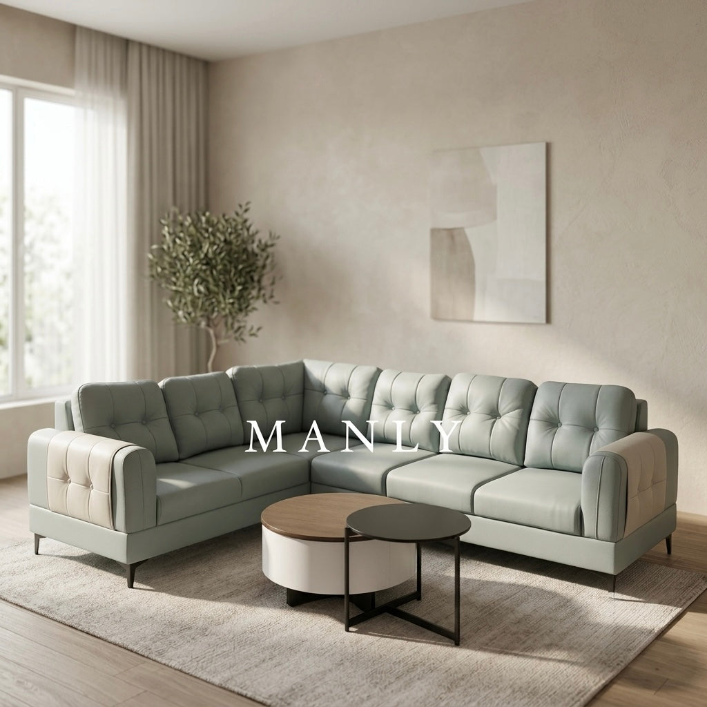 DUAL COLOUR CORNER SOFA SET | SUEDE FABRIC & ACACIA WOOD | LIGHT BLUE
