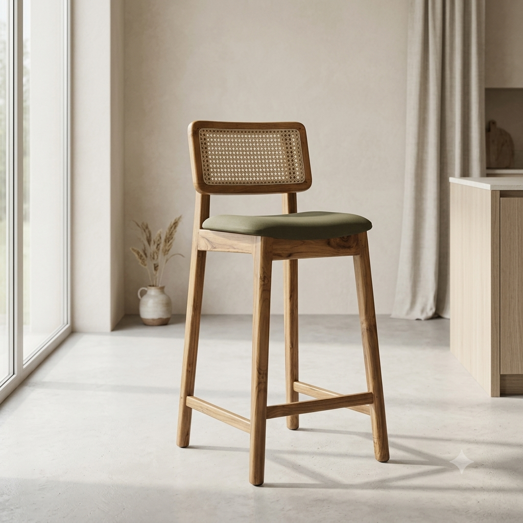 LINEAR STOOL CHAIR | TEAK WOOD & NATURAL CANE | FABRIC CUSHION