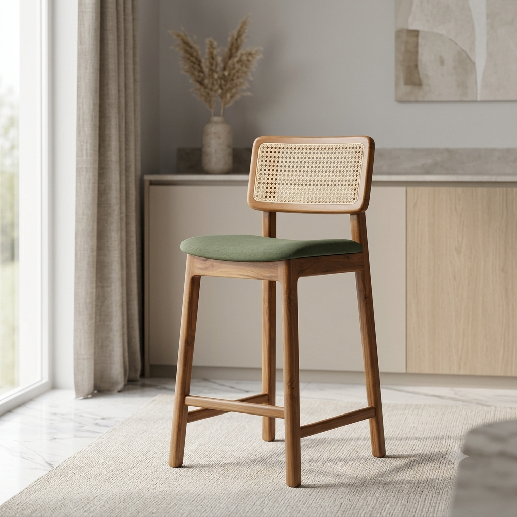 LINEAR STOOL CHAIR | TEAK WOOD & NATURAL CANE | FABRIC CUSHION