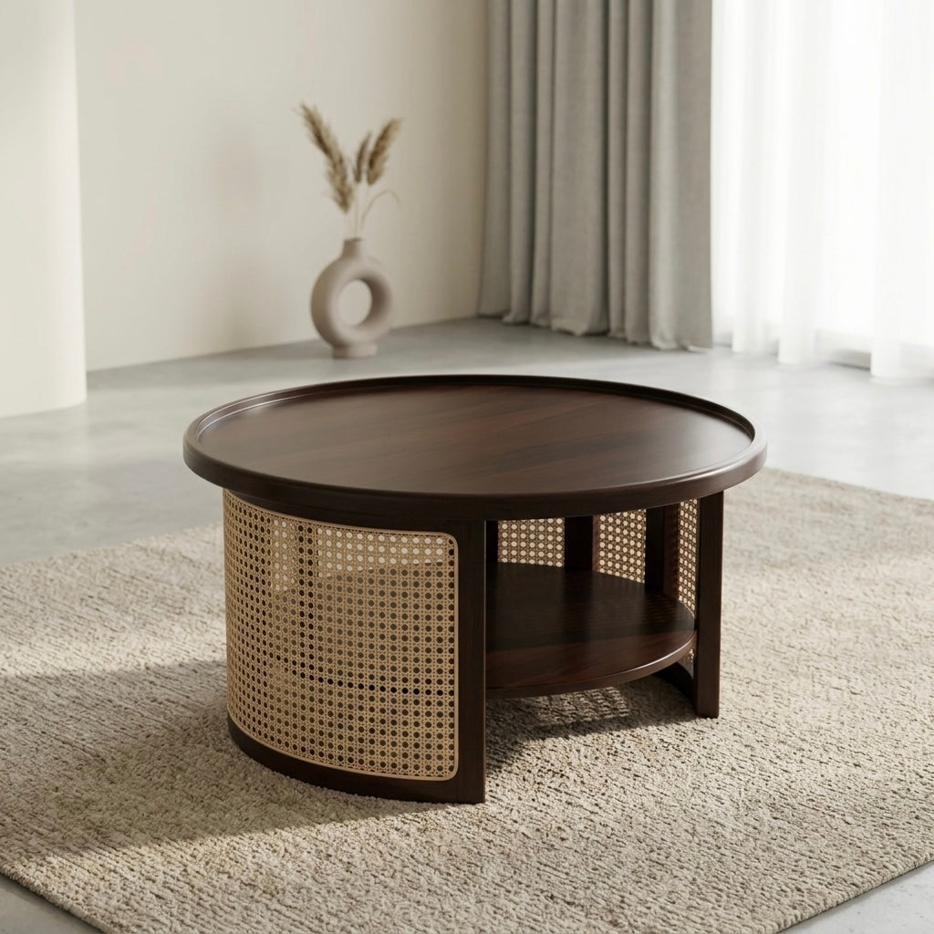 CANE ROUNDED TEAPOY | MAHOGANY WOOD & NATURAL CANE FINISH