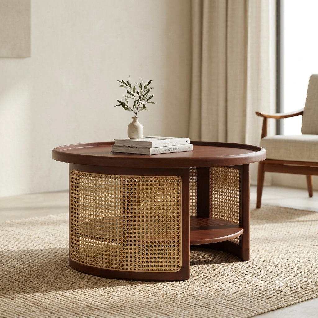 CANE ROUNDED TEAPOY | MAHOGANY WOOD & NATURAL CANE FINISH