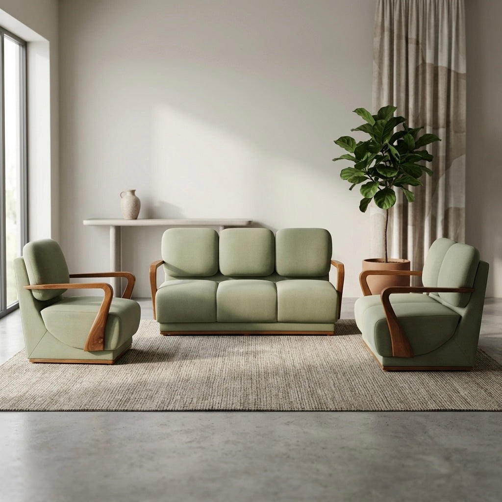 LINORA 3+1+1 GREEN COLOUR-TREATED MAHAGONY WOOD WITH FABRIC