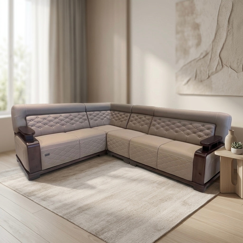 OZOP CORNER SOFA SET | MAHOGANY WOOD | SUEDE PS FABRIC | 32-DENSITY FOAM
