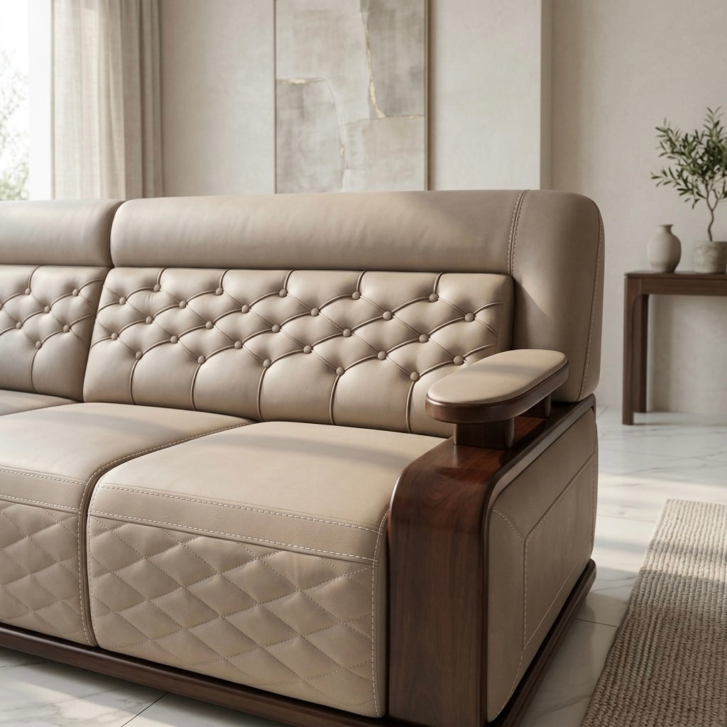 OZOP CORNER SOFA SET | MAHOGANY WOOD | SUEDE PS FABRIC | 32-DENSITY FOAM