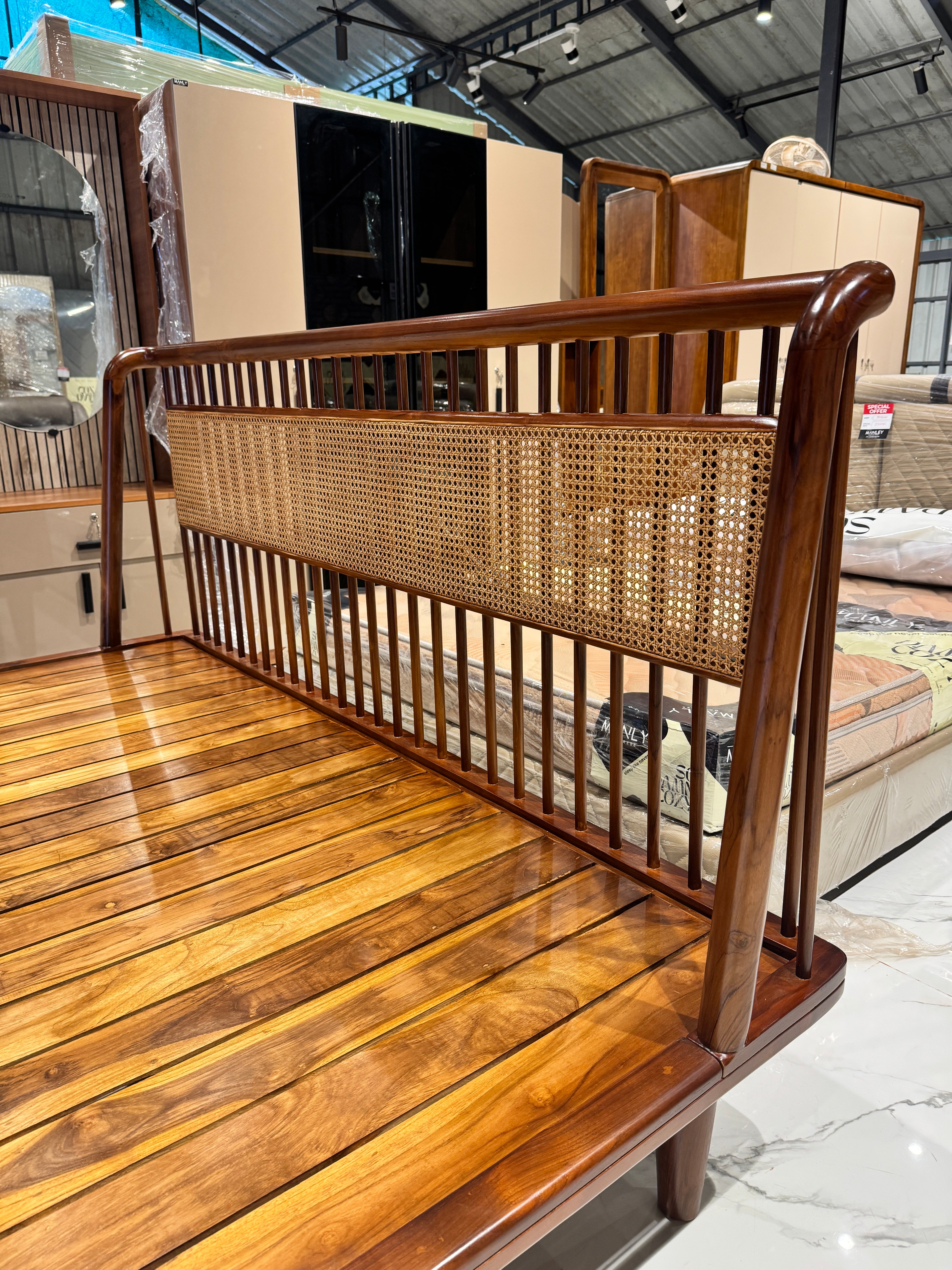 CANE COT | KING SIZE | SOLID TEAK & NATURAL CANE | WALNUT FINISH
