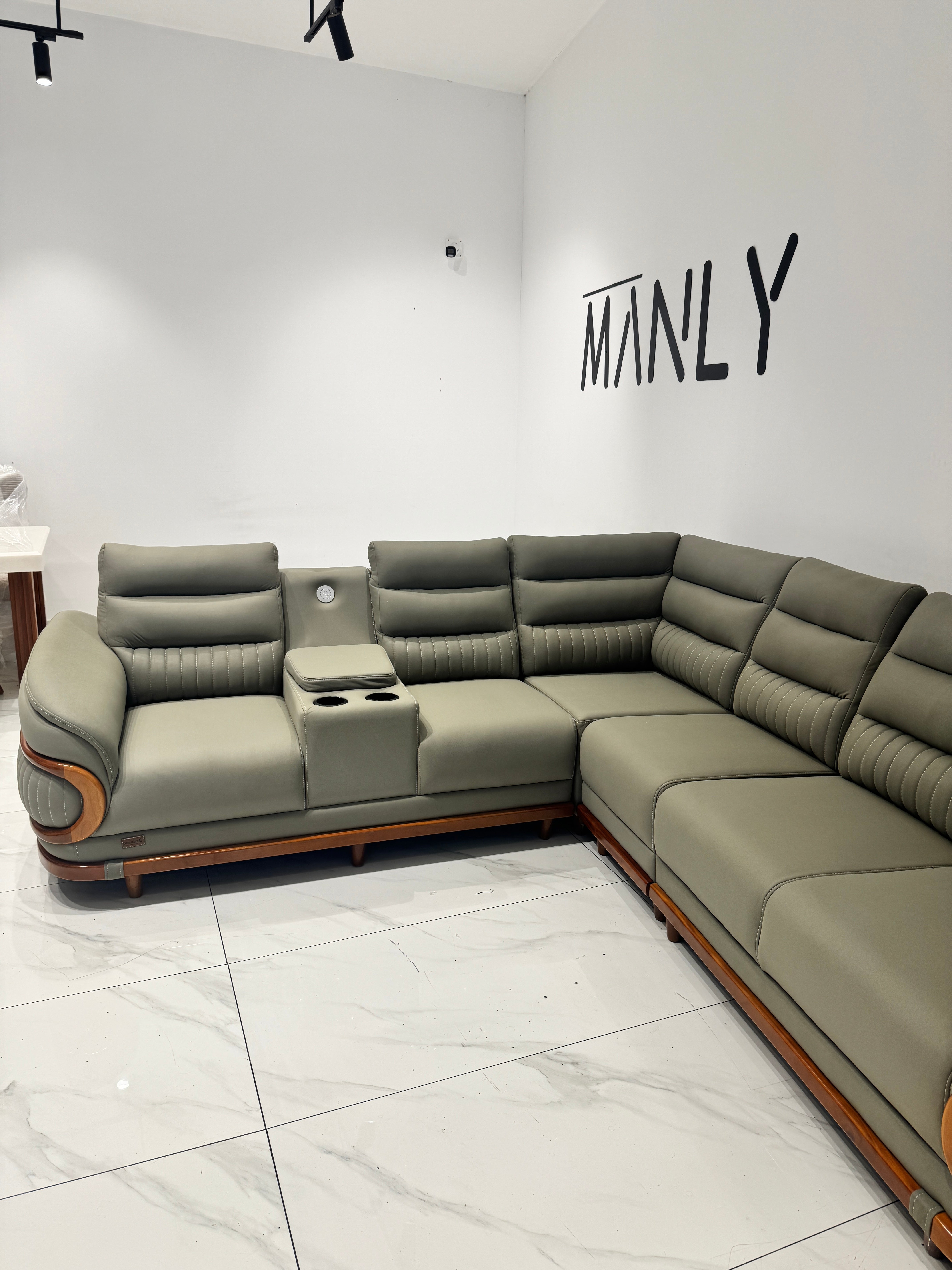 NOVA PREMIUM CORNER SOFA SET | MAHOGANY WOOD | SUEDE FABRIC | POCKET SPRING | GREEN