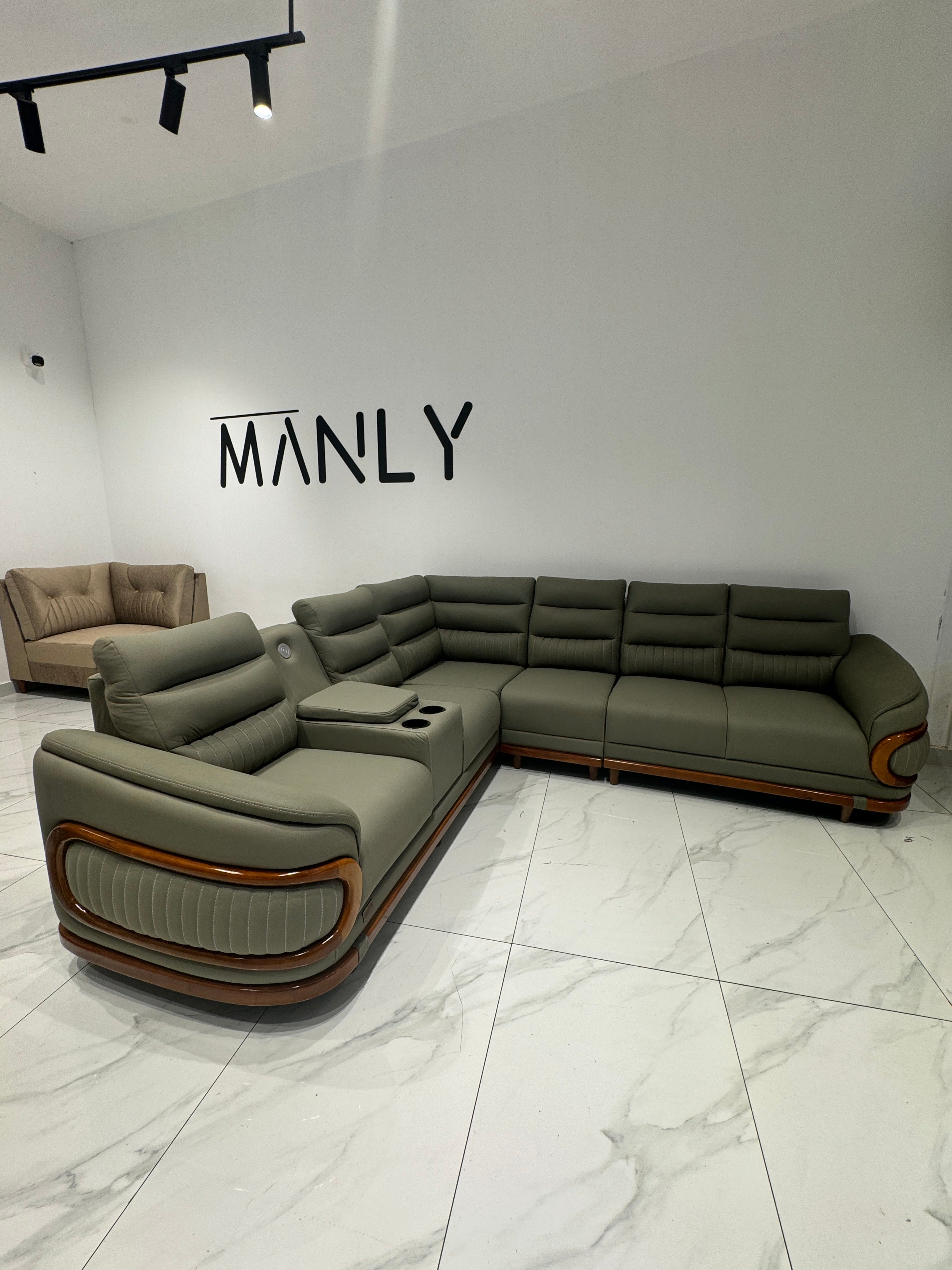 NOVA PREMIUM CORNER SOFA SET | MAHOGANY WOOD | SUEDE FABRIC | POCKET SPRING | GREEN