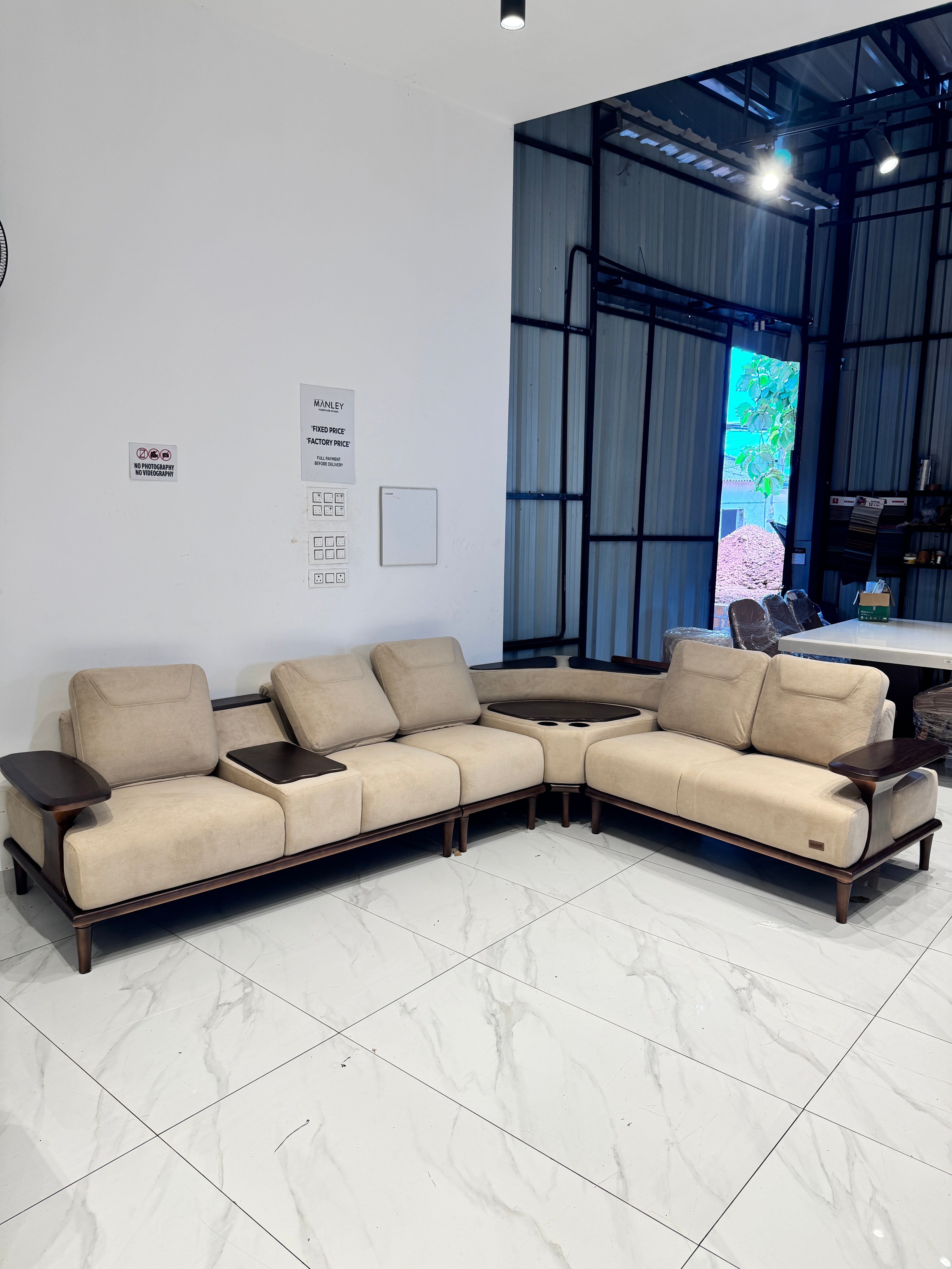 OSLO PREMIUM CORNER SOFA SET | MAHOGANY WOOD | SUEDE FABRIC | POCKET SPRING | CREAM