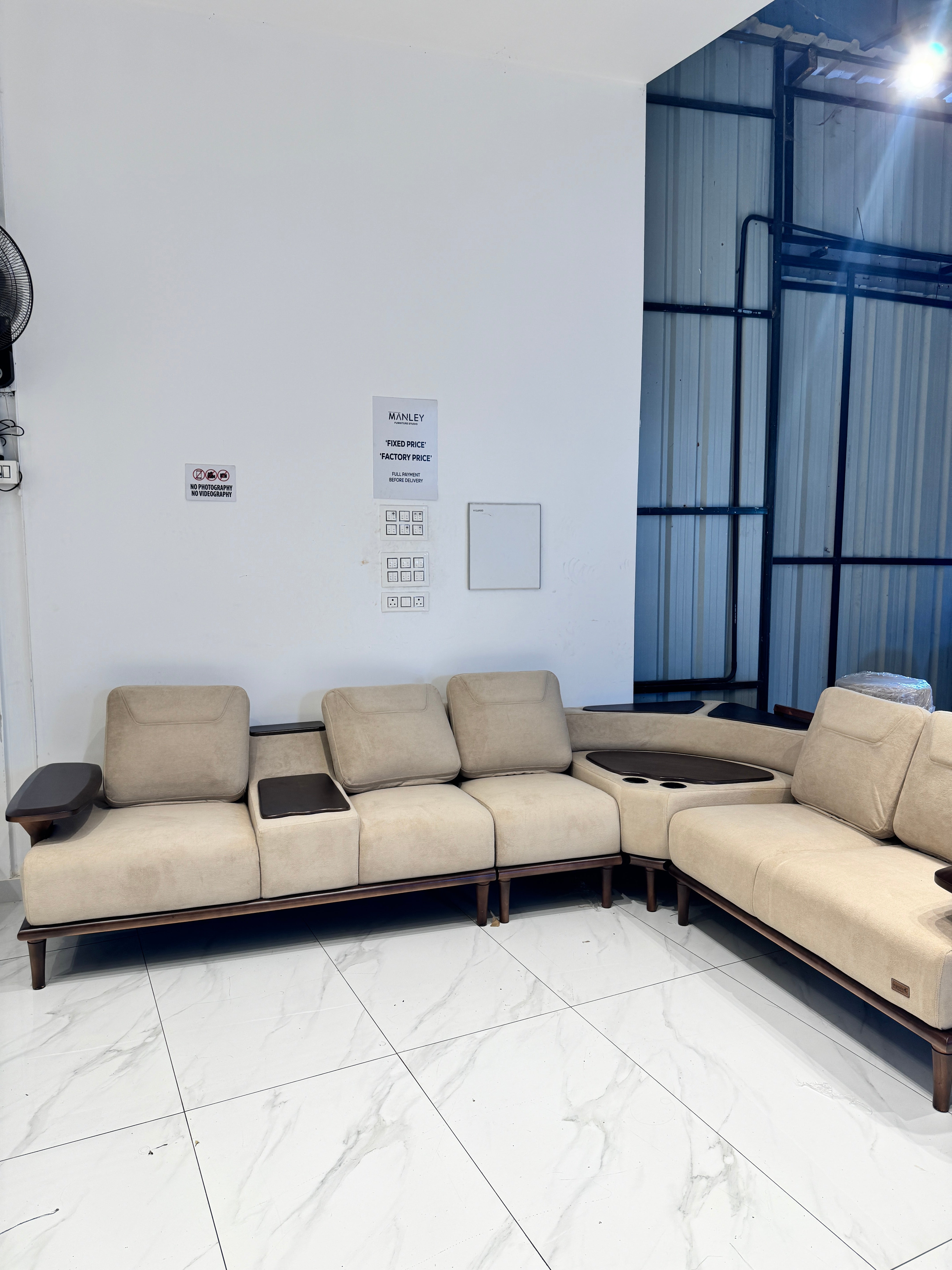 OSLO PREMIUM CORNER SOFA SET | MAHOGANY WOOD | SUEDE FABRIC | POCKET SPRING | CREAM