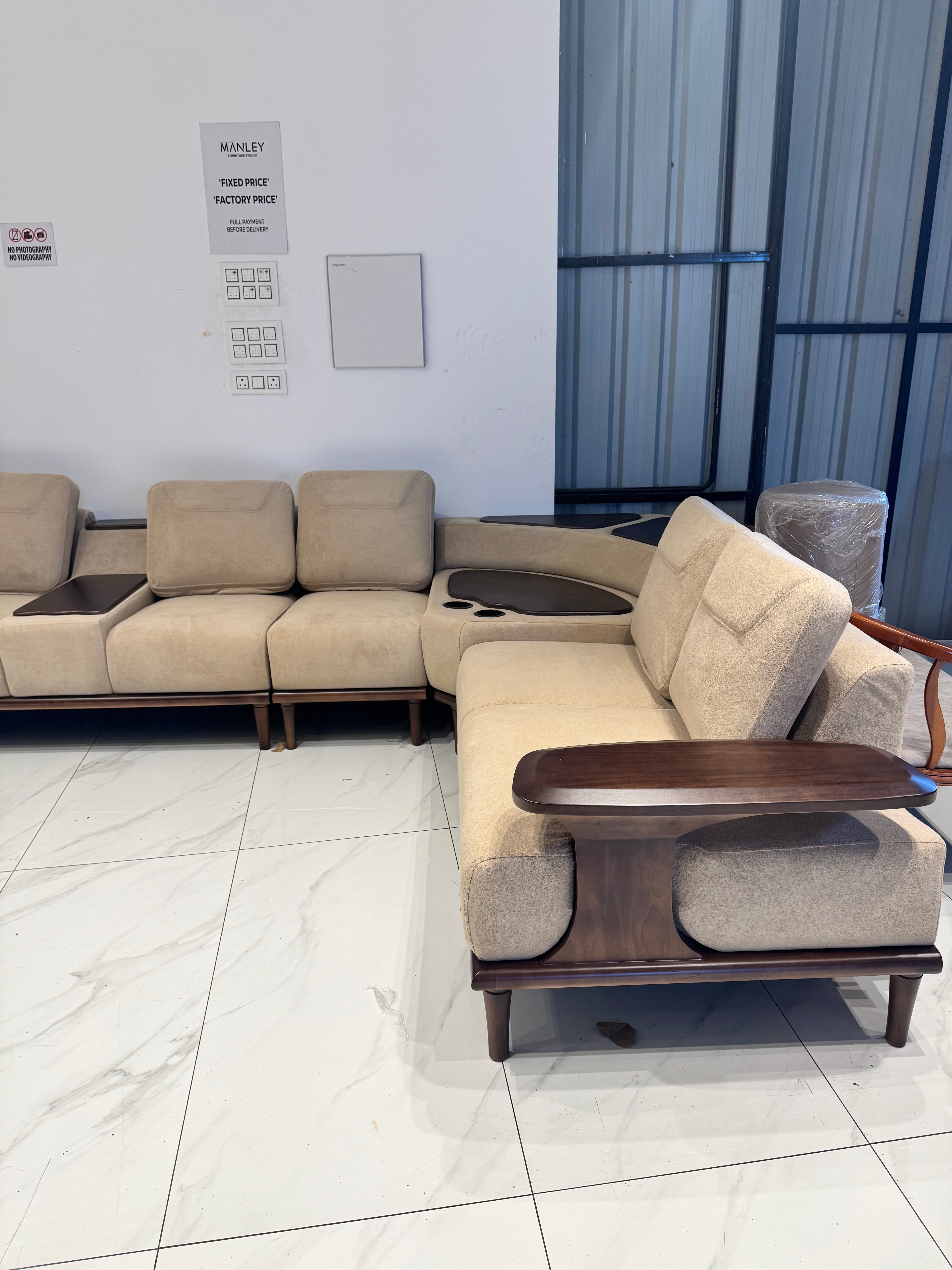 OSLO PREMIUM CORNER SOFA SET | MAHOGANY WOOD | SUEDE FABRIC | POCKET SPRING | CREAM