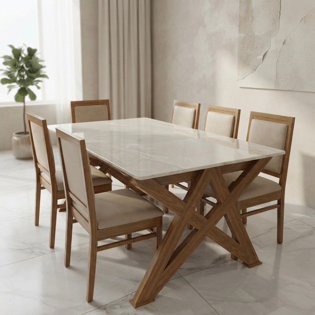 STARLINE 6-SEATER DINING SET | 6X3.5 FT | ACACIA WOOD & CERAMIC TOP