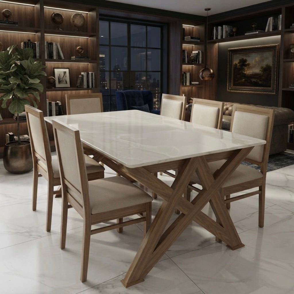 STARLINE 6-SEATER DINING SET | 6X3.5 FT | ACACIA WOOD & CERAMIC TOP