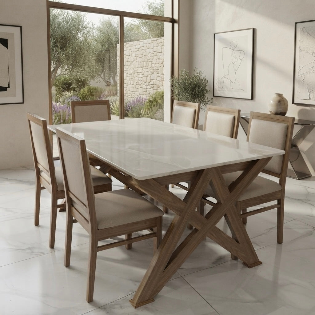 STARLINE 6-SEATER DINING SET | 6X3.5 FT | ACACIA WOOD & CERAMIC TOP