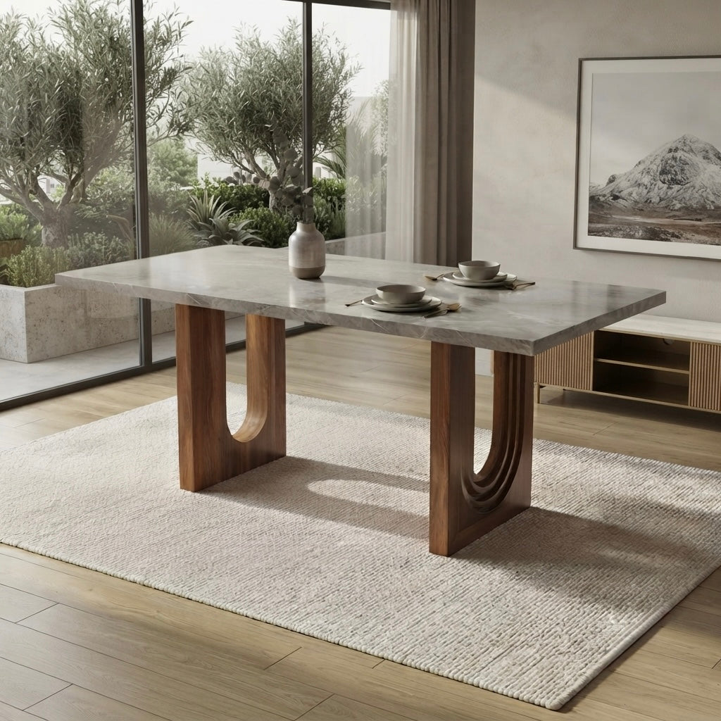 KLARA 6 SEATER 6X3.5 DININ TABLE -TREATED MAHAGONY WOOD WITH CERAMIC TOP