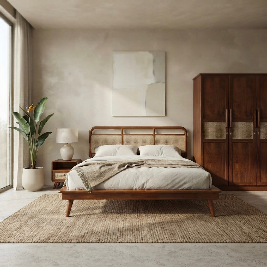 TREATO 3-DOOR QUEEN SIZE BEDROOM SET | MAHOGANY WOOD & NATURAL CANE