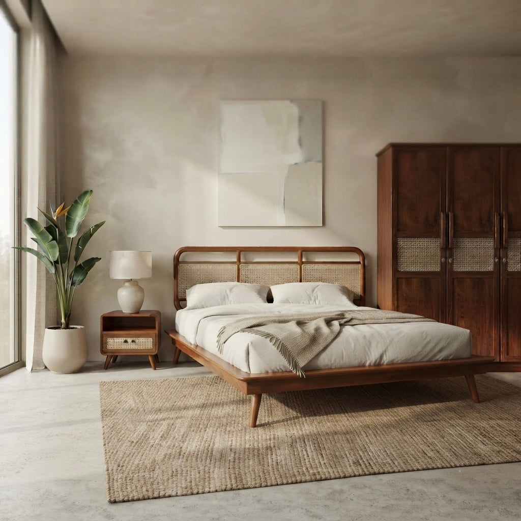 TREATO 3-DOOR QUEEN SIZE BEDROOM SET | MAHOGANY WOOD & NATURAL CANE