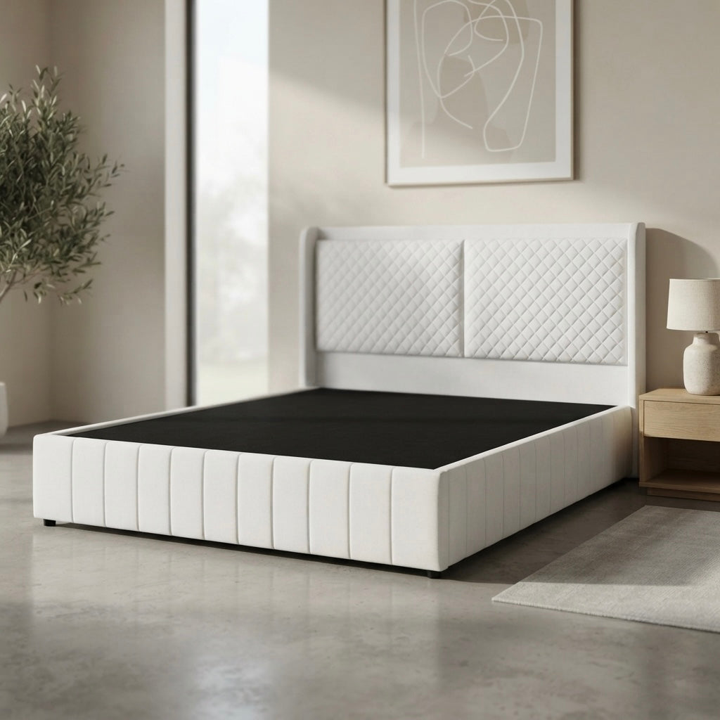 WHITE DIAMOND KING SIZE BED COT | ACACIA WOOD | MARINE PLY BASE | FULL CUSHION | WHITE