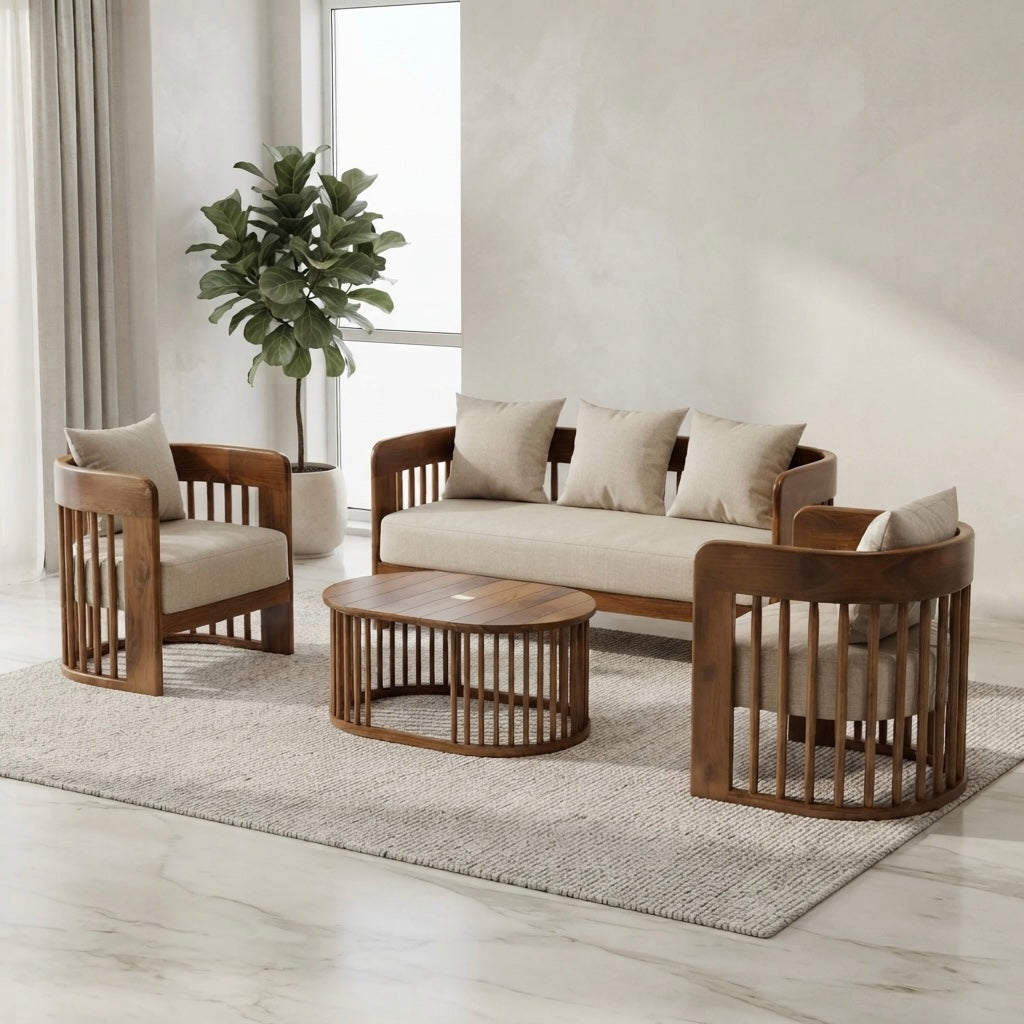 COFIA 3+1+1 SOFASET  | TEAK WOOD AND FABRIC  |  COLOUR CREAM