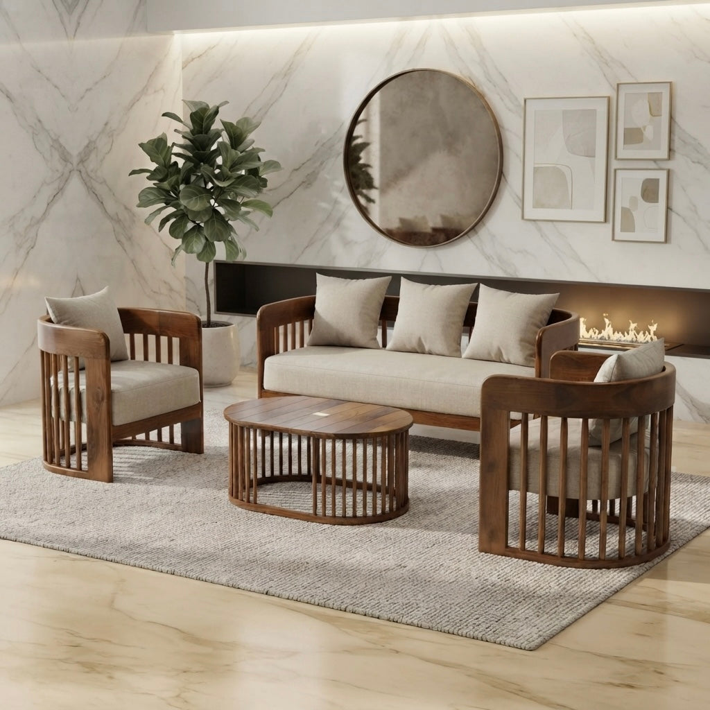 COFIA 3+1+1 SOFASET  | TEAK WOOD AND FABRIC  |  COLOUR CREAM