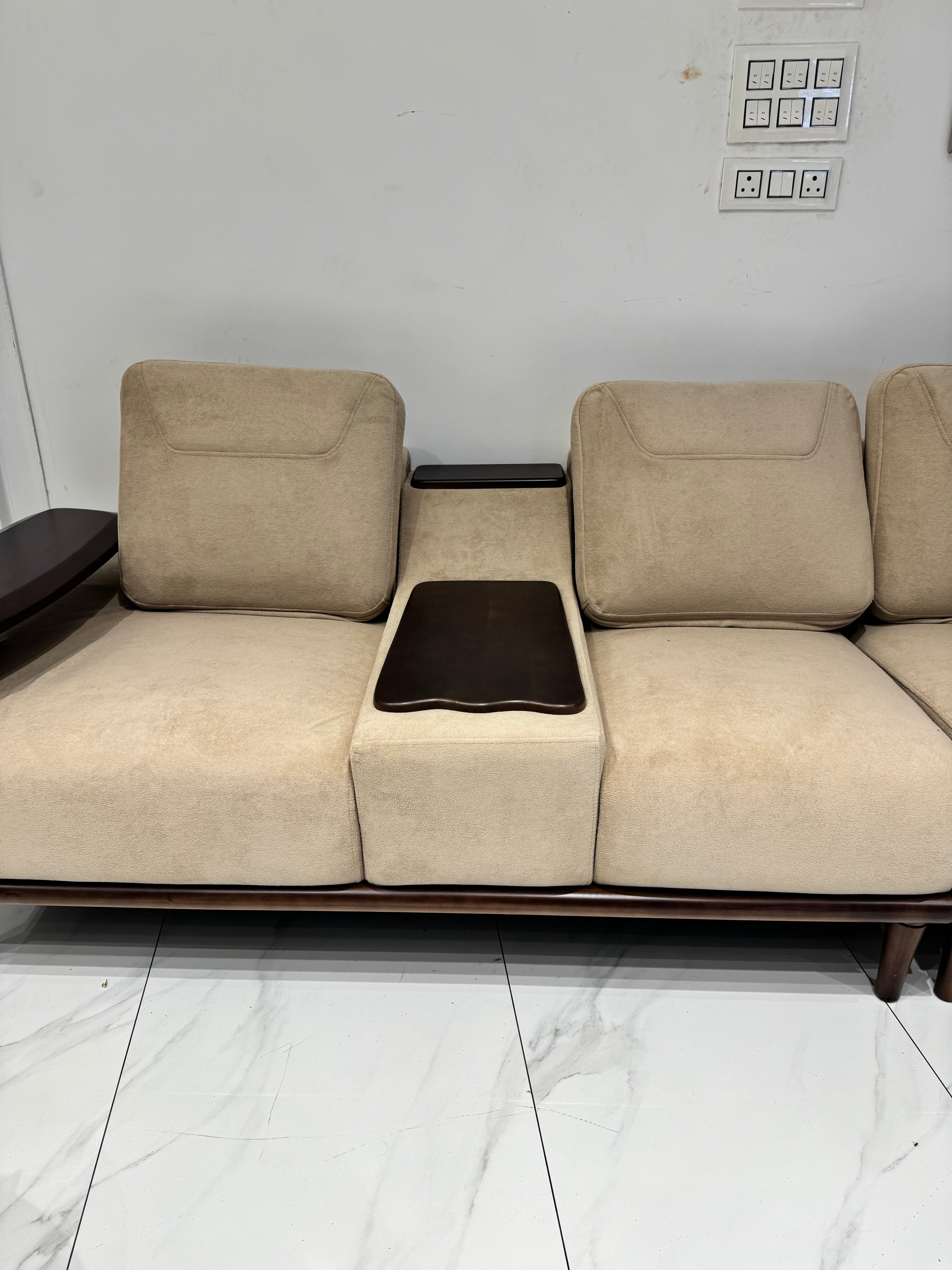 OSLO PREMIUM CORNER SOFA SET | MAHOGANY WOOD | SUEDE FABRIC | POCKET SPRING | CREAM
