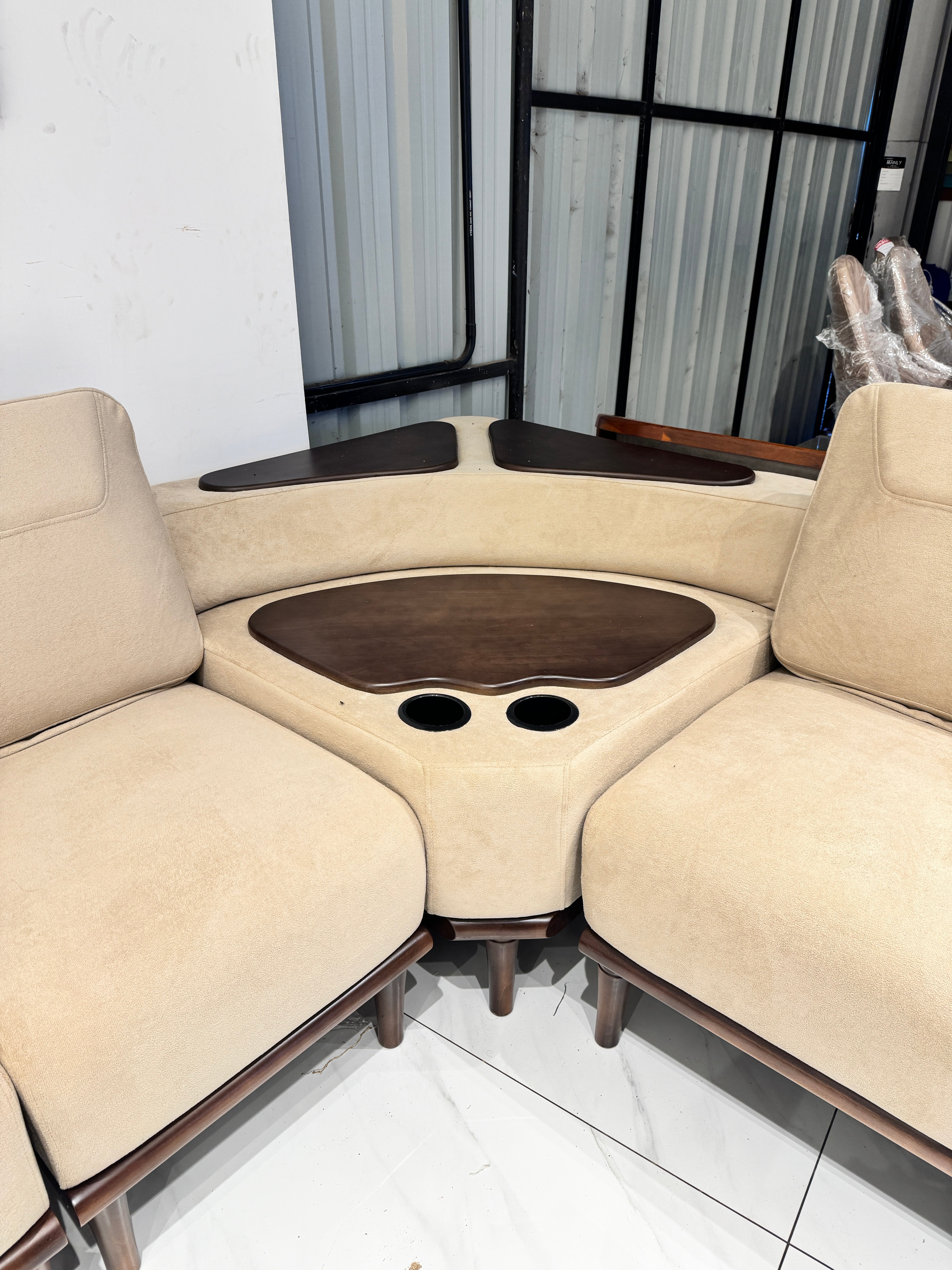 OSLO PREMIUM CORNER SOFA SET | MAHOGANY WOOD | SUEDE FABRIC | POCKET SPRING | CREAM
