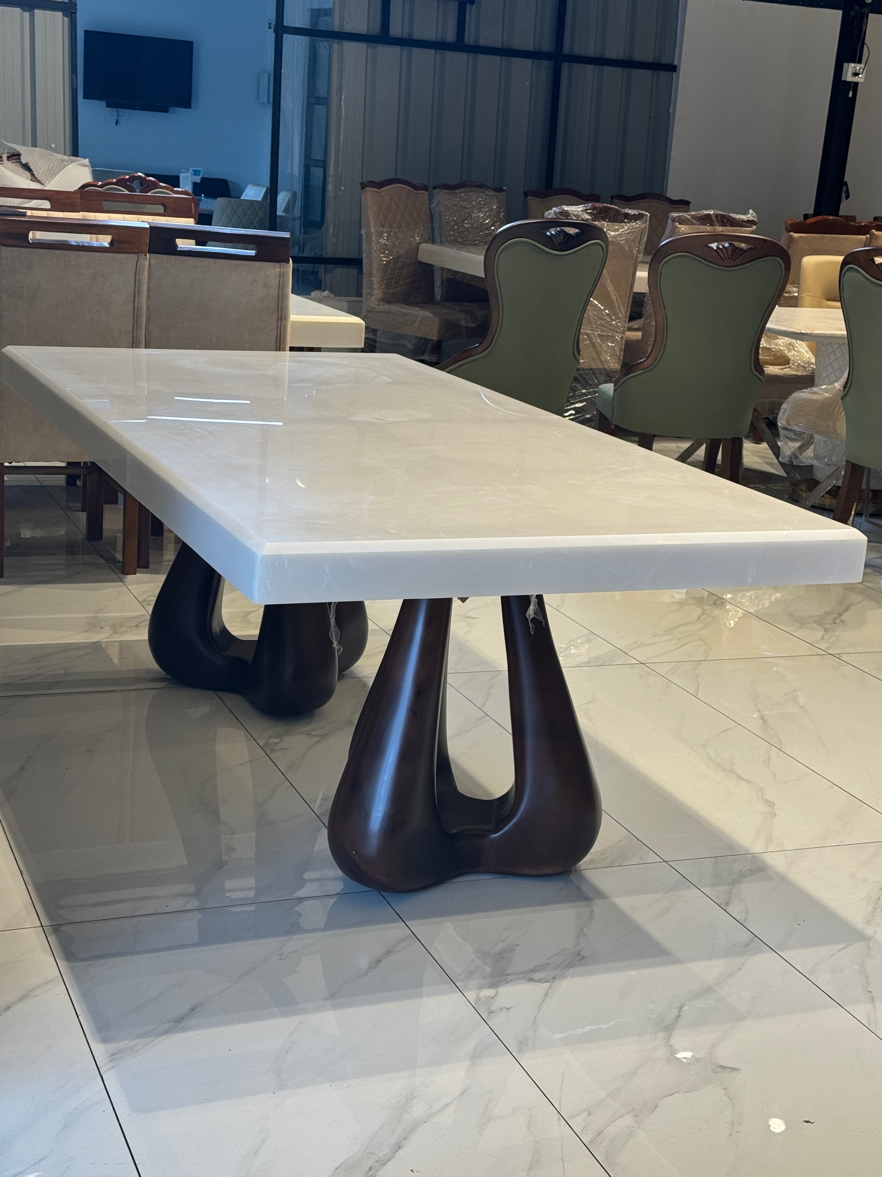 THREEN 8-SEATER DINING TABLE | 7X3.5 FT | MAHOGANY WOOD & ONYX TOP
