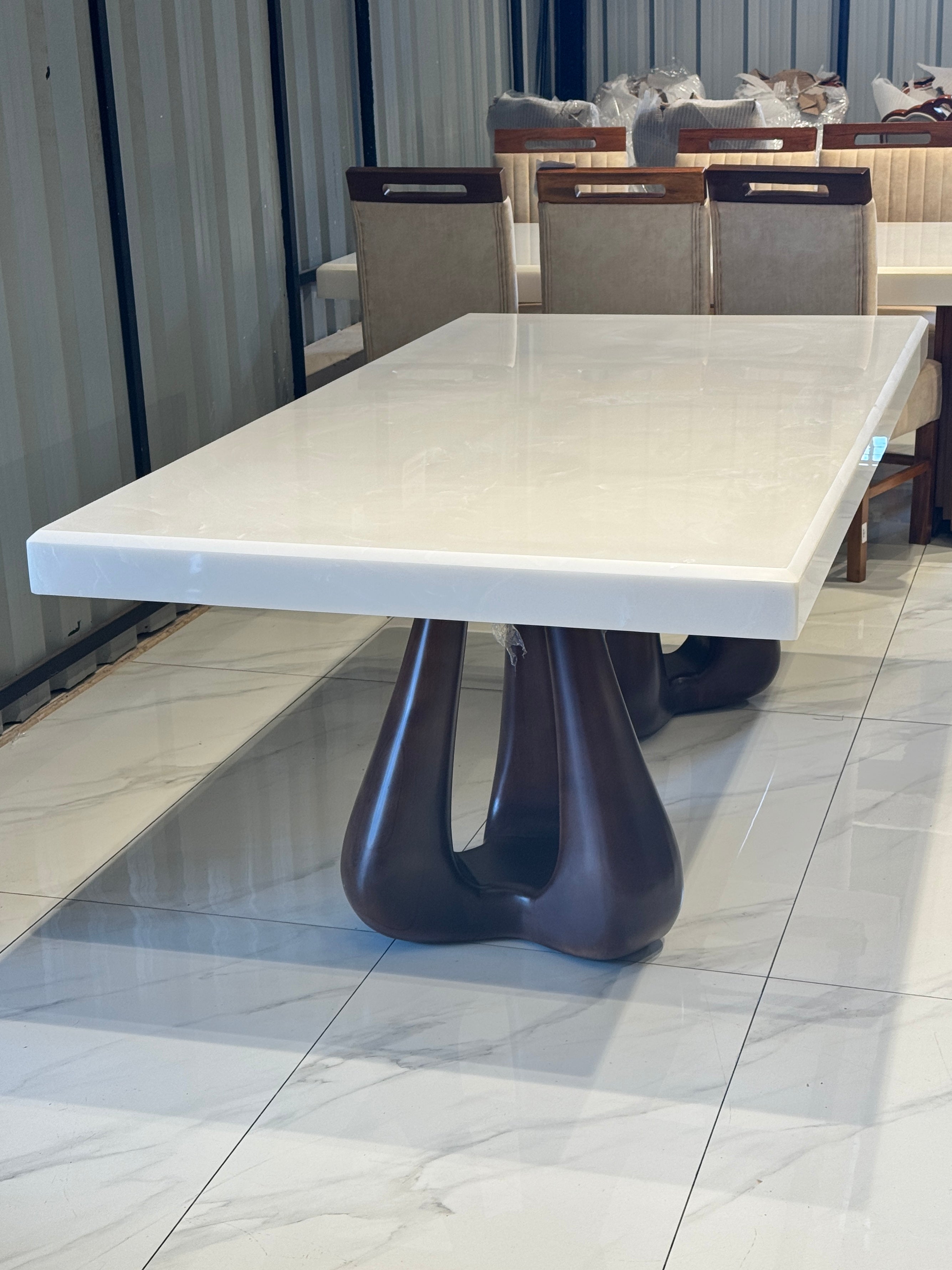 THREEN 8-SEATER DINING TABLE | 7X3.5 FT | MAHOGANY WOOD & ONYX TOP