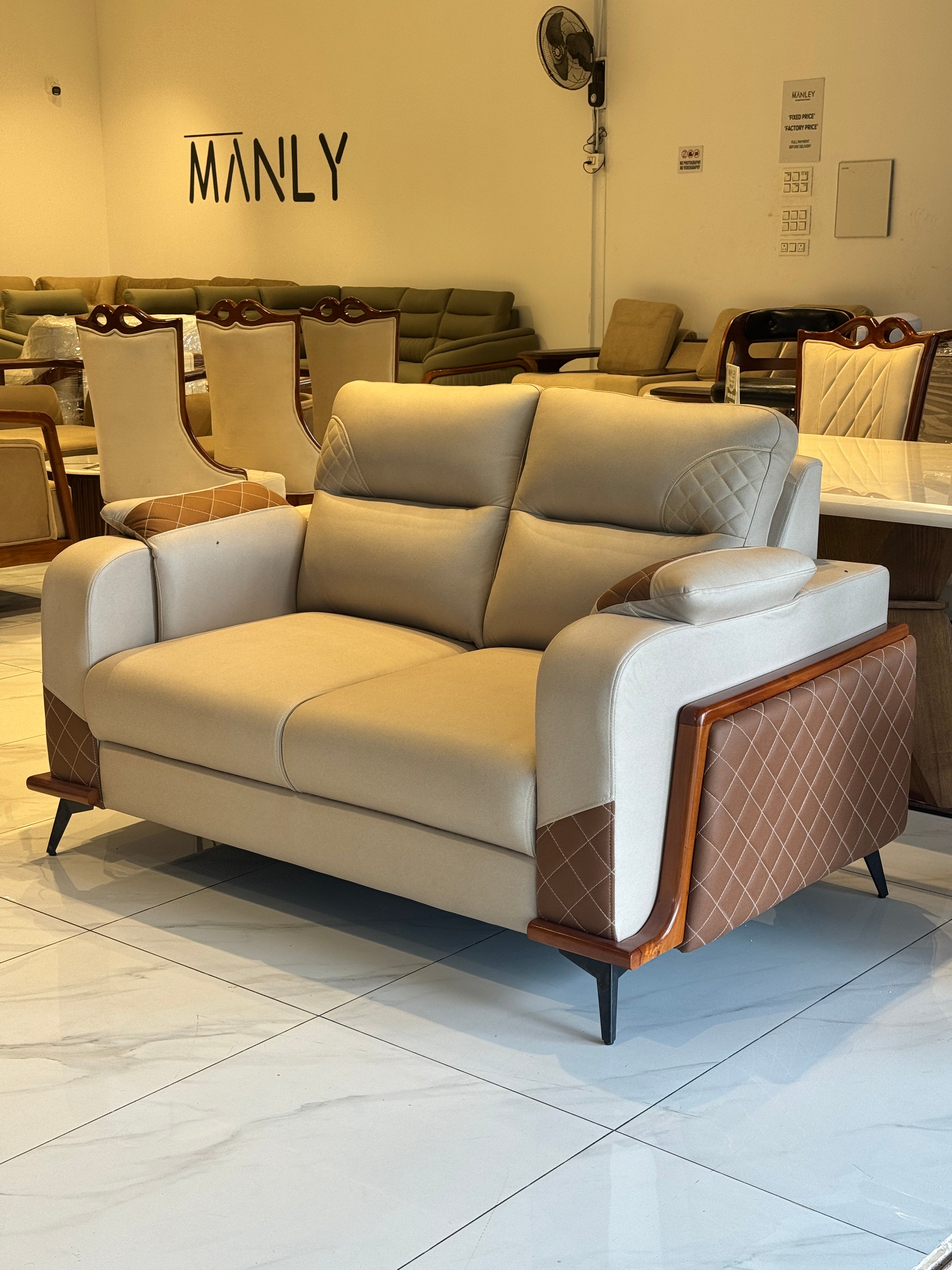 WINSLOW 3+2 SOFA SET | MAHOGANY WOOD & SUEDE FABRIC | BEIGE