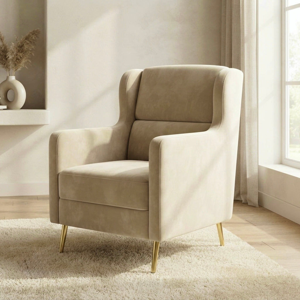 ROYAL SINGLE ARM CHAIR  | Velvet Fabric & Acacia Wood | Beige COLOUR