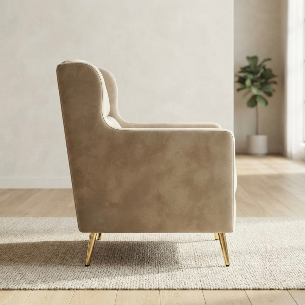 ROYAL SINGLE ARM CHAIR  | Velvet Fabric & Acacia Wood | Beige COLOUR