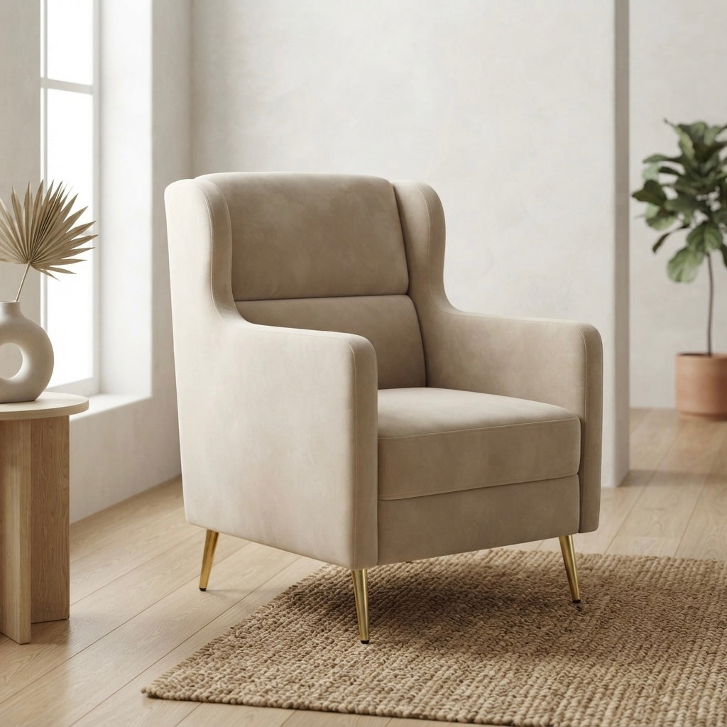 ROYAL SINGLE ARM CHAIR  | Velvet Fabric & Acacia Wood | Beige COLOUR