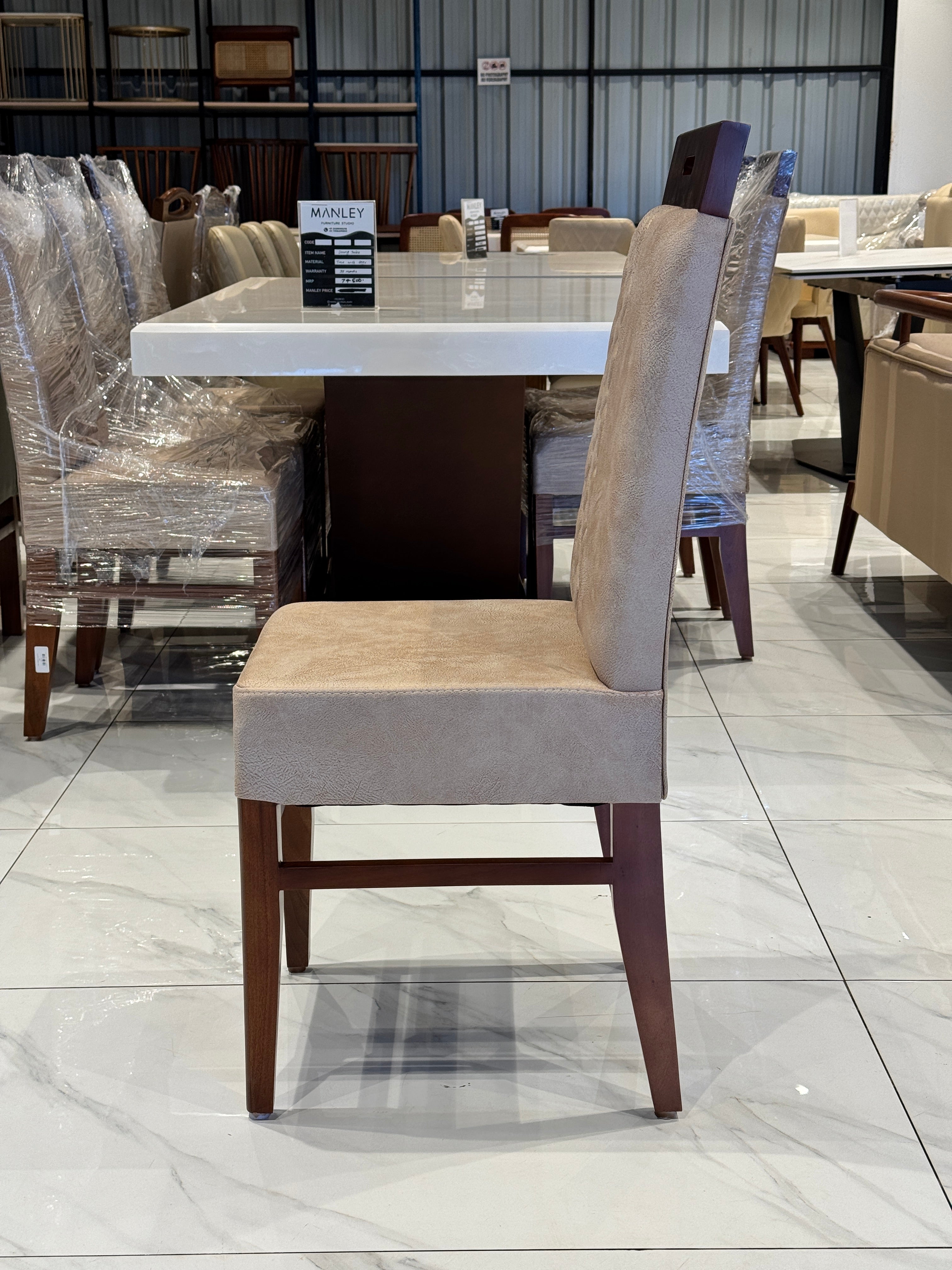 LONEN DINING CHAIR | MAHOGANY WOOD & REXIN UPHOLSTERY | BEIGE