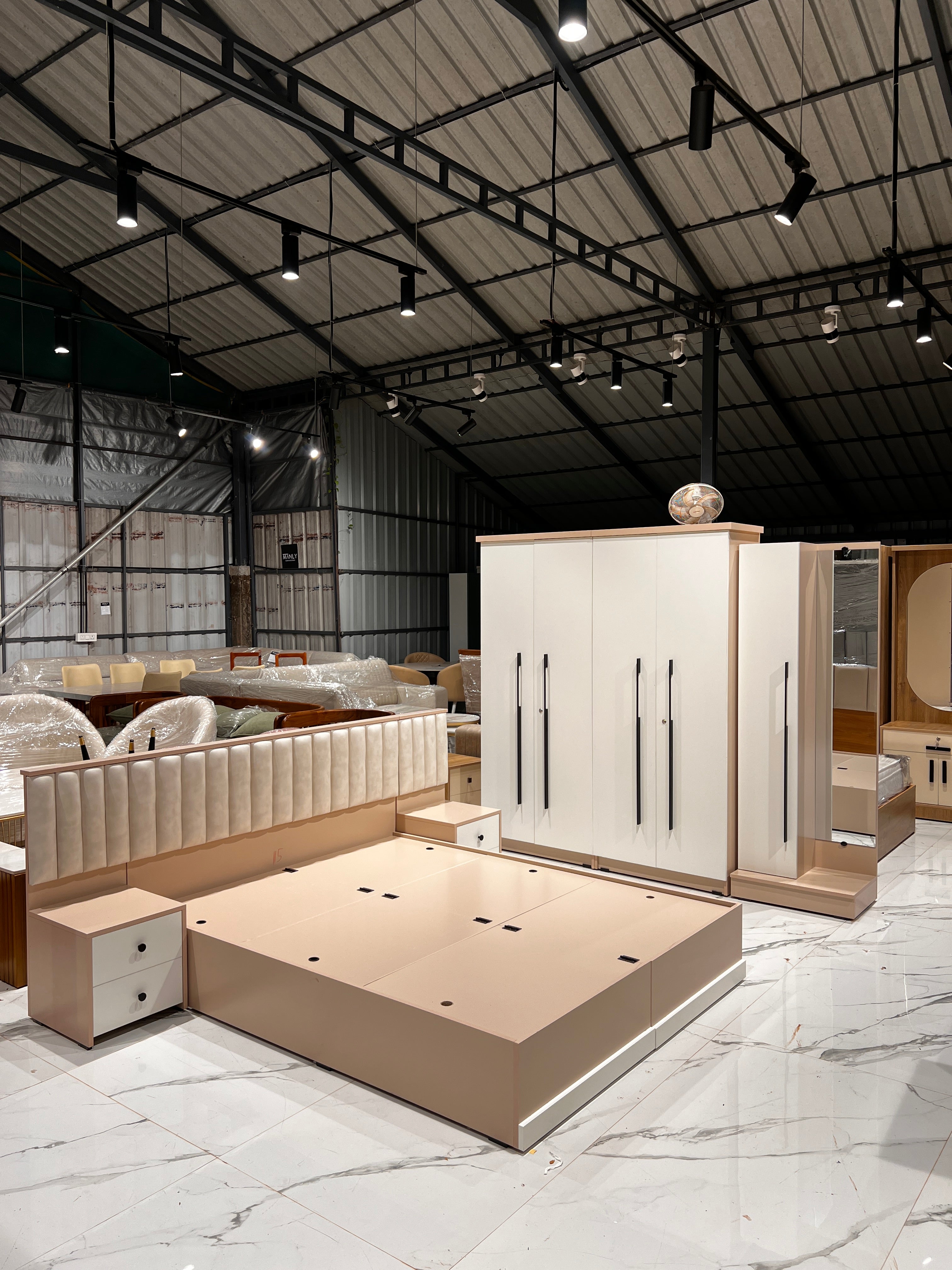 BRABUS 4 DOOR  QUEEN BEDROOM SET  | CREAM AND BEIGE COLOUR- PARTICLE BOARD