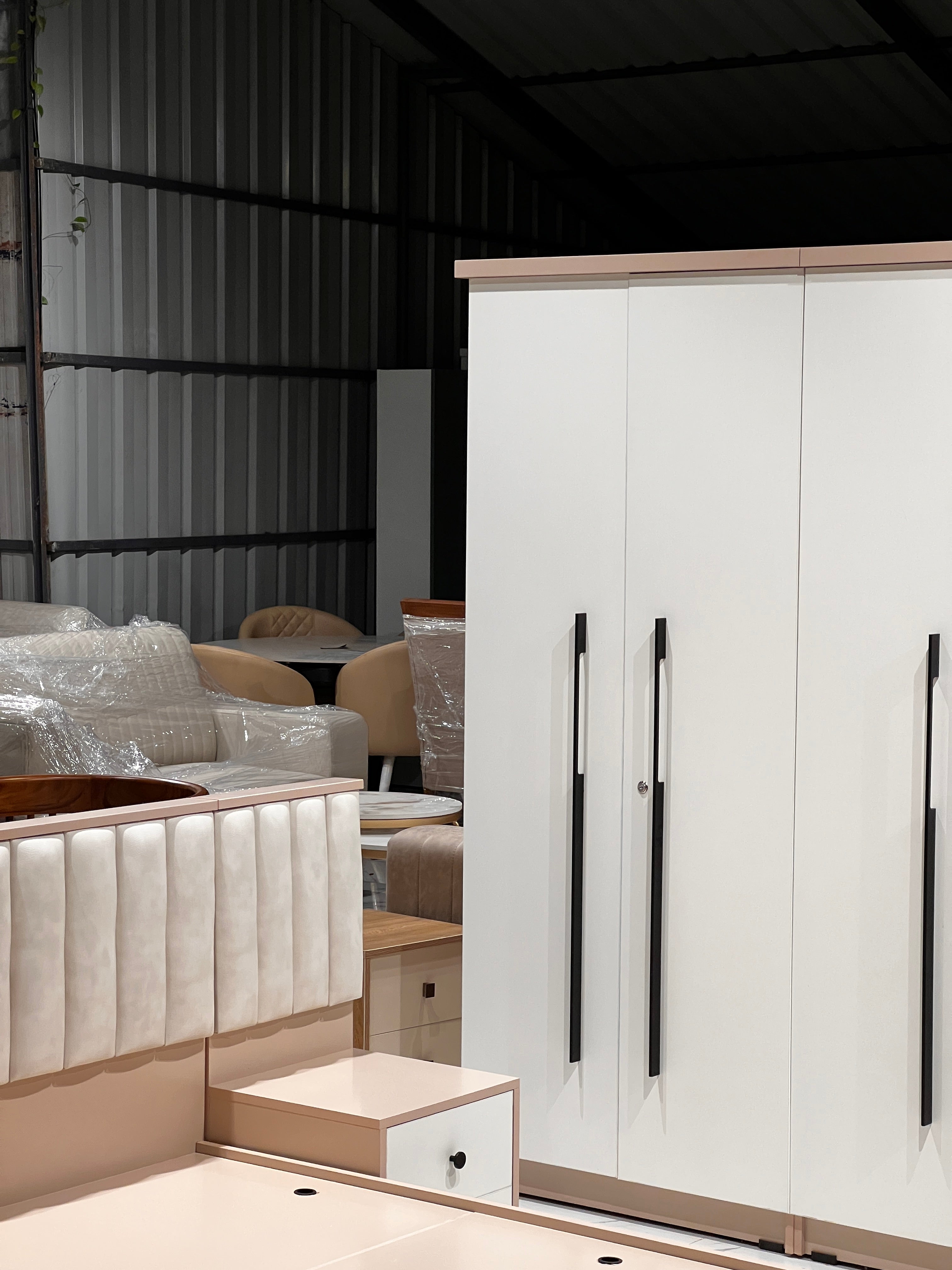 BRABUS 4 DOOR  QUEEN BEDROOM SET  | CREAM AND BEIGE COLOUR- PARTICLE BOARD