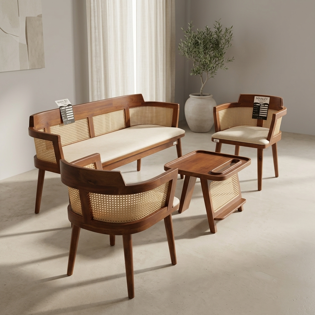 Cane Sofa Set – Treated Mahogany, Cane & Fabric | 35-Month Warranty