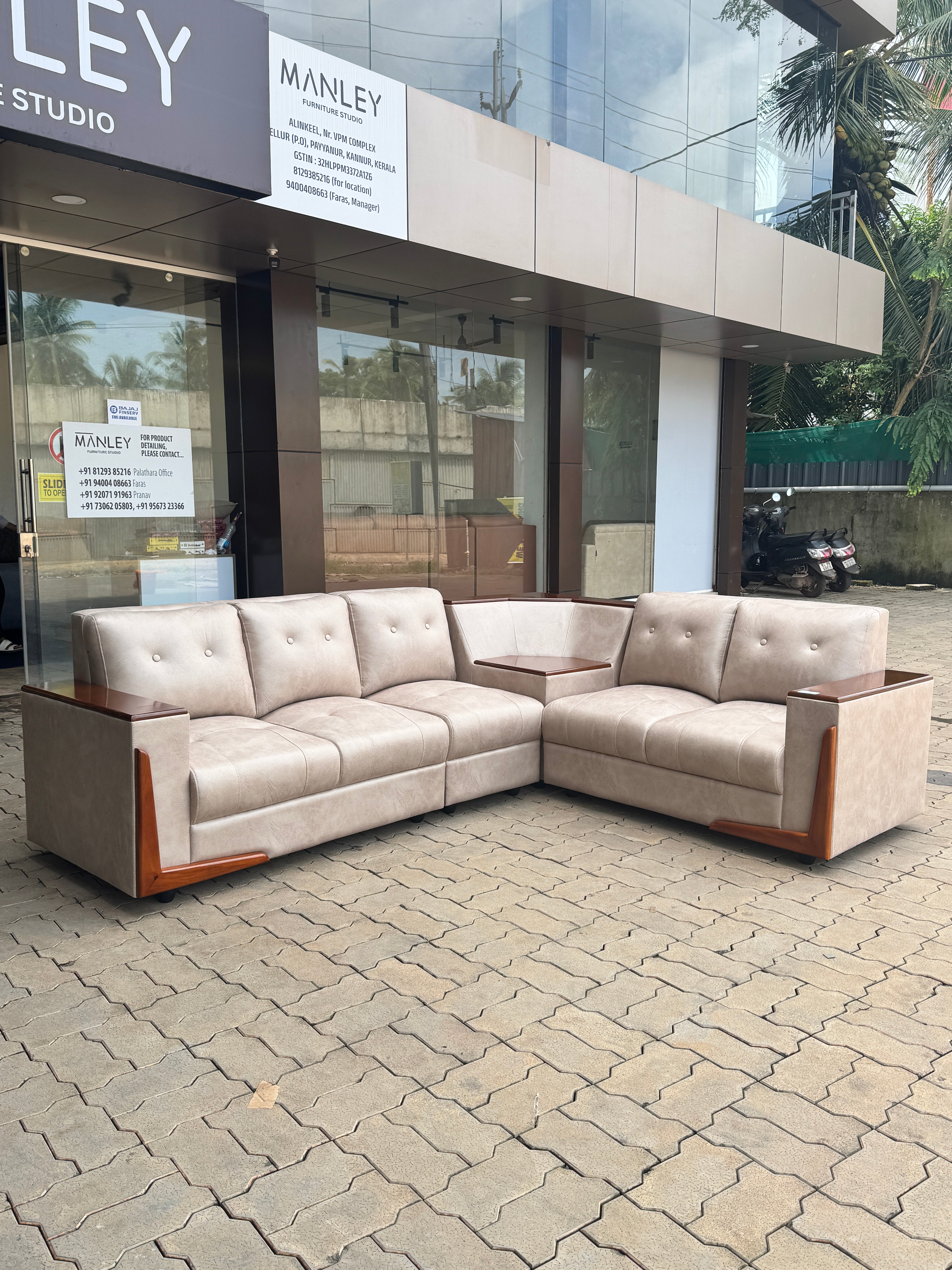 FLEX CORNER SOFA SET | MAHOGANY WOOD & SUEDE FABRIC UPHOLSTERY | BEIGE