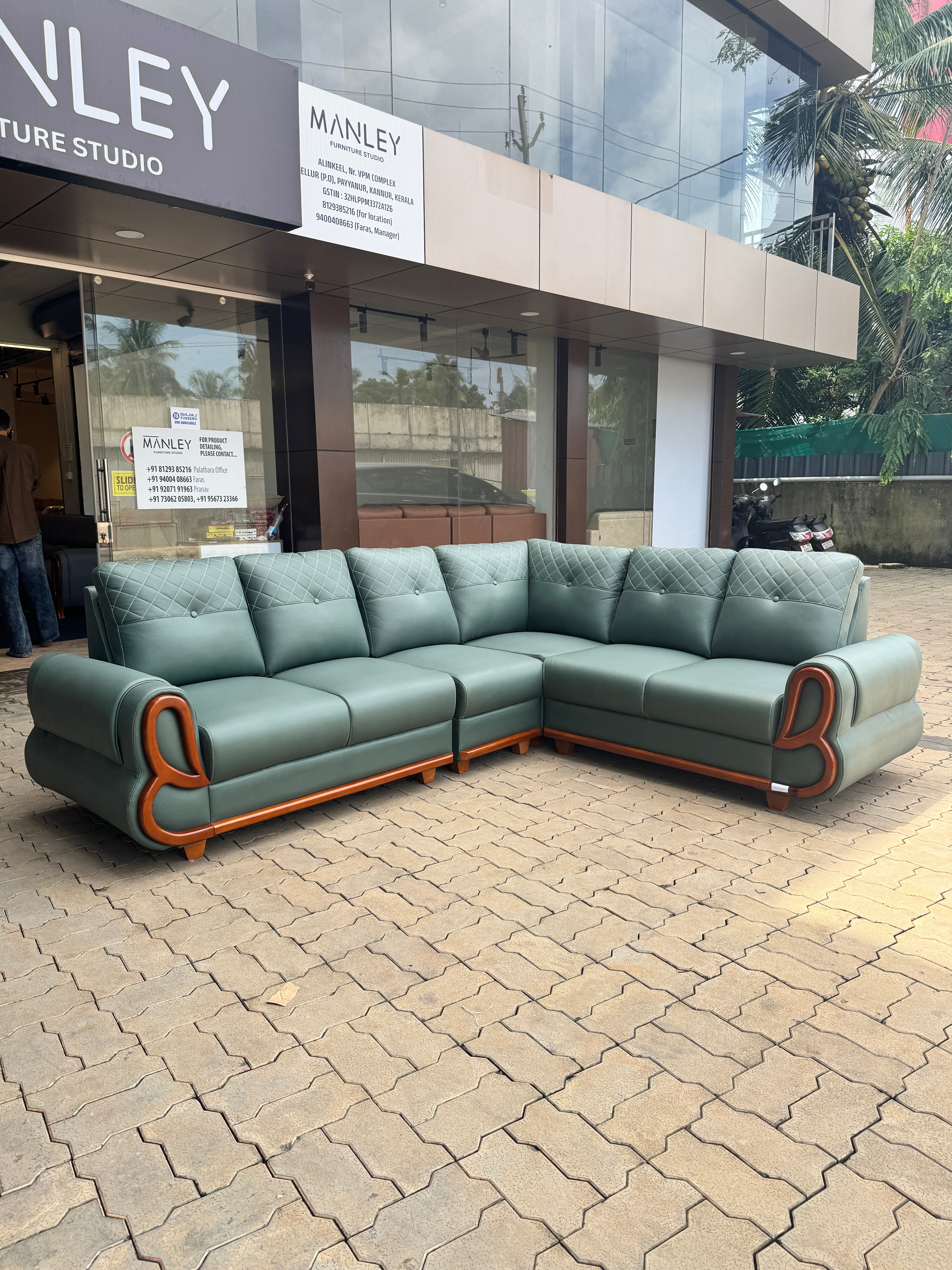 FORMA CORNER SOFA SET | MAHOGANY WOOD & SUEDE FABRIC UPHOLSTERY | GREEN