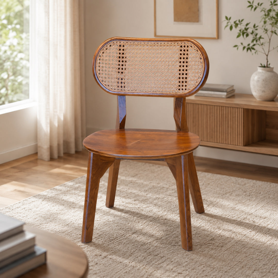 CANE ROUNDED DINING CHAIR | TEAK WOOD & NATURAL CANE