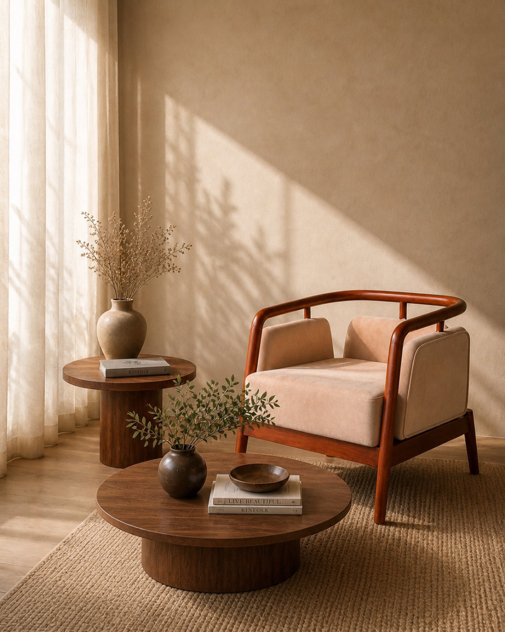 RETRIN 2+1+1 SOFASET CREAM COLOUR TREATED MAHAGONY WOOD AND FABRIC