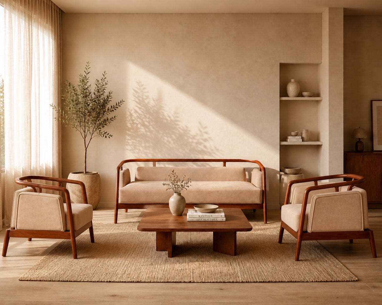 Retrin Solid Wood Sofa Set – Cream