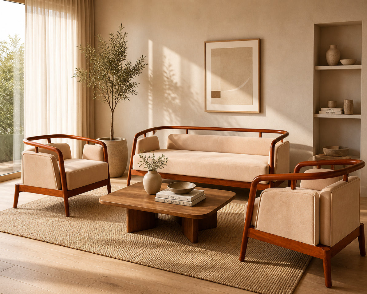 Retrin Solid Wood Sofa Set – Cream